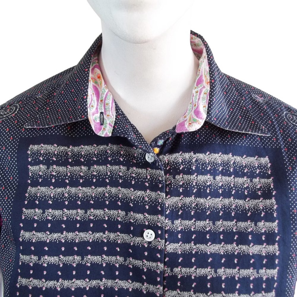 ROBERT GRAHAM Polka Dot Paisley Border Button Front Cotton Womens Blouse Sz 2 - Picture 5 of 14